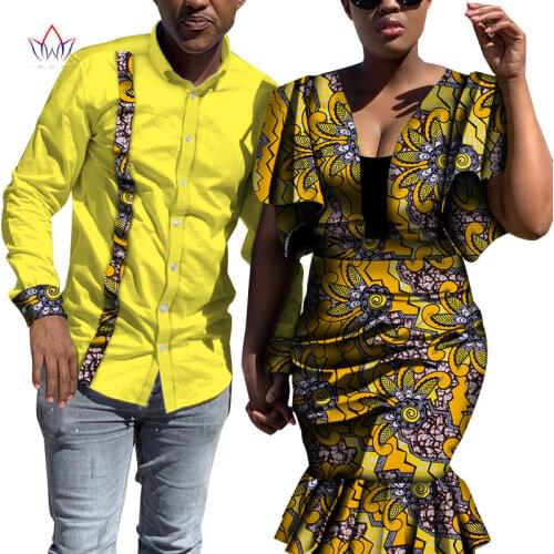 Bintarealwax Ankara Clothes for Couple Dashiki Elegant African Print Dresses and Men Shirts Cotton African Clothing WYQ712