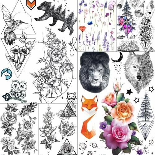 Geometric Large Rose Tattoos Stickers Daisy Women Triangle Humminbirds Lion Wolf Fake Waterproof Temporary Tattoo Flower Paper