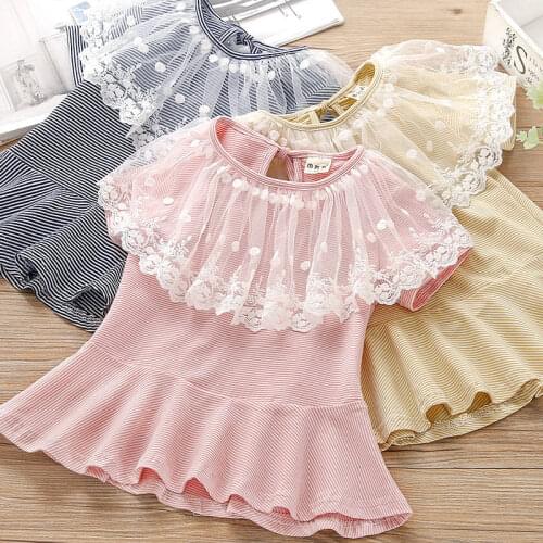 Baby Clothes Girls Ruffle T Shirt 2019 Summer Cute Lovely Baby Girl Lace Patchwork Tee Shirt Toddler Striped Short Sleeves Tees