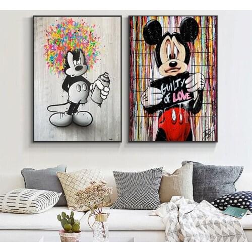 Disney Cartoon Art Canvas Paintings Mickey Mouse Graffiti Art Posters and Black White Prints Wall Art Pictures for Home Decor
