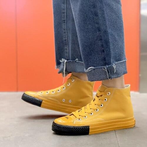 2021 Fashion Men Shoes High Top Canvas Shoes Solid Anti-slip Black Yellow Vulcanized Shoes Casual Studens All Match Shoelace