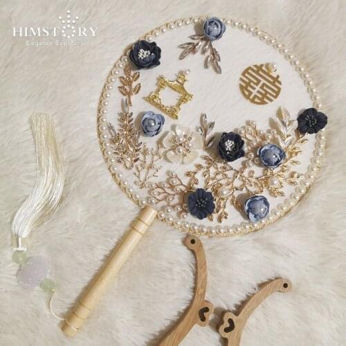 HIMSTORY Chinese Classic Round Silk Fans Blue Flower Brides Holding Fans Wedding Round Fans Photography Props Dance Fans