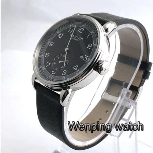 Parnis new 42mm mens top luxury mechanical watch silver watch case date leather automatic man watch
