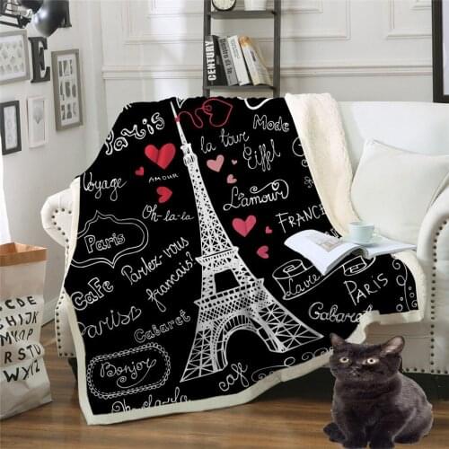 New Style 3D Digital Printed Blanket Plush Throw Blanket Paris Tower Printed Sherpa Fleece Microfiber Throw Blanket