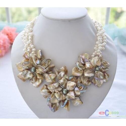 Wholesale Handmade 3row 18" white rice pearl shell Knitting flower necklace