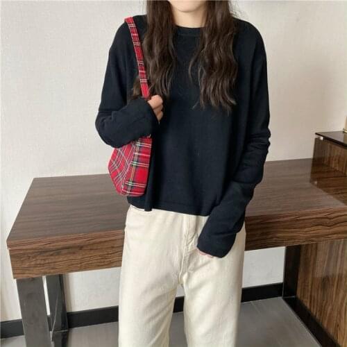 Spring New Versatile Long Sleeve Sweater Thin Top Black Loose Solid Bottoming Sweatshirt T-shirt 2021 Womens Clothing Blouses