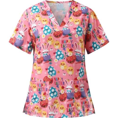 Easter Hospital Uniform for Women 2021 Women Short Sleeve V-neck Rabbit Pattern Tops Nursing Uniform T-shirts Plus Size Nursing