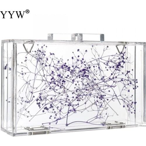 Purple Floral Transparent Bag Women Summer Day Chain Shoulder Bags Fashion Acrylic Clutch Box Bag Female Purse Sac A Main Femme