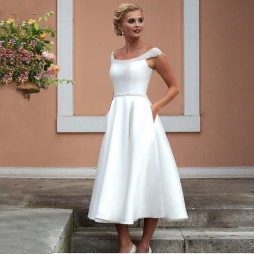 On Sale Simple Mid Calf Length Bridal Wedding Dresses A Line Cap Sleeves Scoop Neckline Wedding Gowns for Bride Back Out Beaded