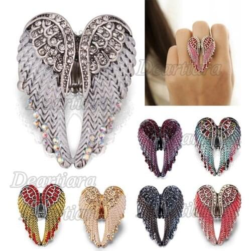 Women Men Retro Punk Adjustable Rhinestone Angel Wings Charm Finger Rings