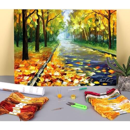 Fall Alley Printed Water-Soluble Canvas 11CT Cross-Stitch DIY Embroidery Full Kit DMC Threads Needlework Craft Package