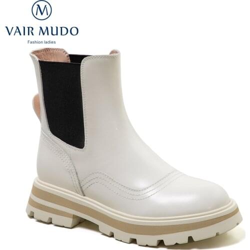 VAIR MUDO Women Ankle Boot Shoes Elegant Genuine Leather Footwear Spring Autumn White Black Round Toe Solid Zipper ConciseWM-X24