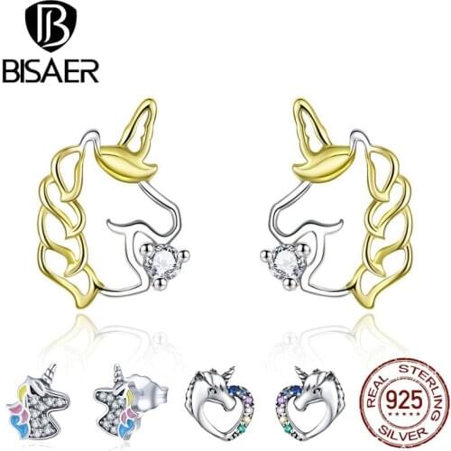 Unicorn Earrings BISAER 925 Sterling Silver Pure Love Licorne Unicorn Exquisite Stud Earrings for Women Silver Jewelry EFE234