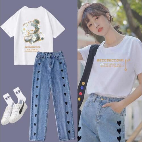 Female Suit Summer Daisy Bear T-shirt + Love Jeans Korean Student Casual Sports Suit