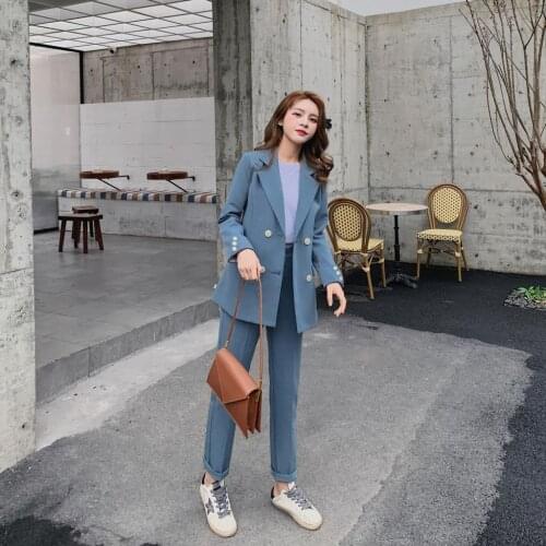 2021 Fashion Women Blazer Suits Long Sleeve Double- Breasted Blazer Pants Suit Office Ladies Two-piece Blazer Sets