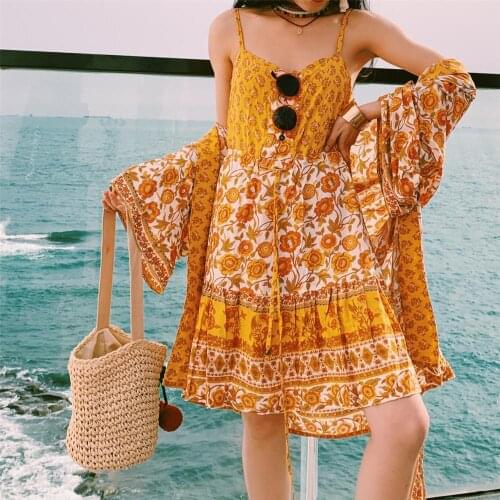 TEELYNN sexy sleeveless strap dress yellow rayon floral print summer Dresses boho beach dress mini women dresses Gypsy vestidos