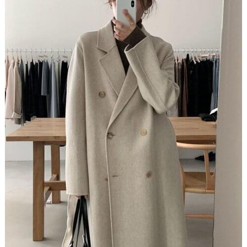 Womens coat 2021 Retro Loose Double-breasted Women Long Overcoats Winter Warm Full Sleeve Notched Collar Female Woolen Coats