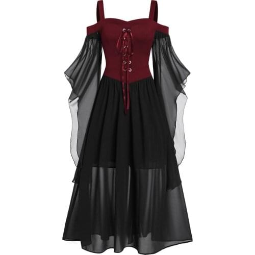 Womne Plus Size Cold Shoulder Butterflies Sleeve Lace Up Gothic Style Halloween Dress Halloween Dress Women Bow Tie Costume