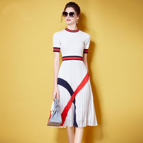 Pleated dress slim 2021 summer new temperament womens color matching waist long A-line skirt