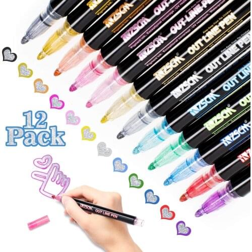 12pcs/set Metal Paint Marker Pen Diy Album Scrapbooking Outline Marker Glitter for Drawing Painting Doodling School Supplies