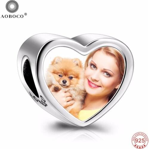 AOBOCO 925 Silver Custom Photo Heart Charms Beads Fit Authentic European Bracelet With Dog Paw Jewelry