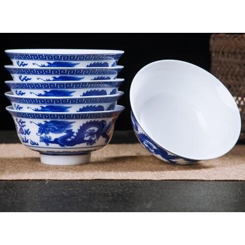 6PCS/Lot Dragon Blue and White Porcelain Rice Bowls Vintage Chinese Ramen Bowl Jingdezhen Ceramics Container Kitchen Accessories