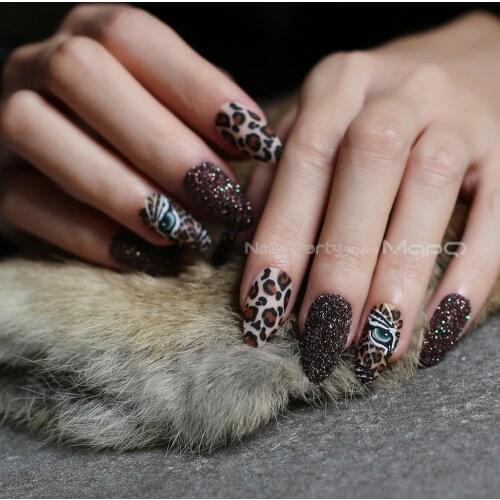 Matte tiger Nail Acrylic Fake nail black box Leopard Accent Press on Nails coffee flash stiletto false nails brown glitter Gold