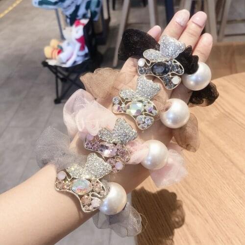 Cute Bear Rhinestone Elastic Hair Band Cartoon Diamond Bear Big Pearl Hair Accessories Headband Colorful Yarn Hair Tie Wholesale