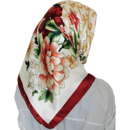 Fashion Muslim Square Head Scarf 90*90cm Print Silk Scarf Hijab Femme Musulman Ladies Shawl Bandana Headwrap Malaysia Hijabs