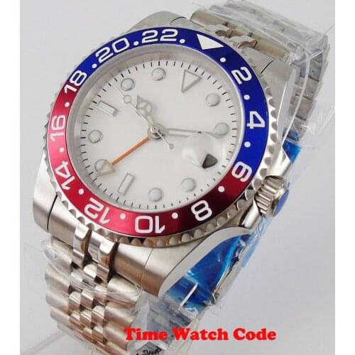 BLIGER 40MM Mens Watch Automatic movement White sterile dial orange GMT Date Jubilee Spphire Luminous marks ceramic bezel