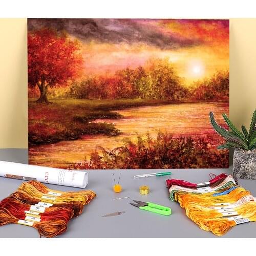 Natural Scenery Evening Light Printed Fabric 11CT Cross Stitch Kit Embroidery DMC Threads Needlework Sewing Adults