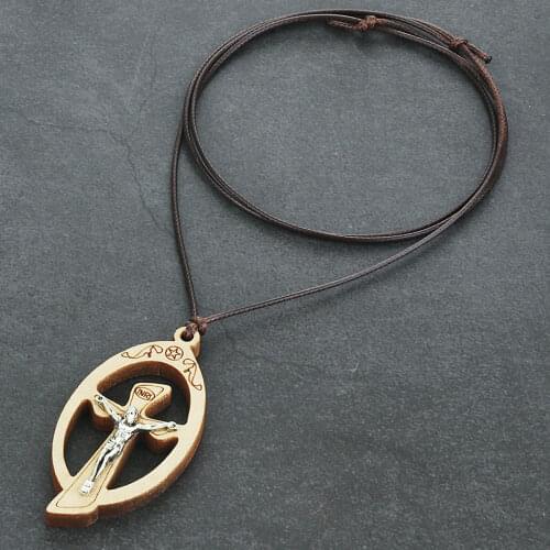 Retro Catholic Hollow Round Cross Crucifix Jesus Pendant Necklace Holy Lamb of God Church Leather Chain Necklaces Wooden Jewelry