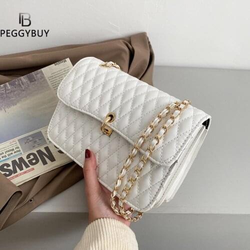 Casual Women Lattice Pattern Pure Color PU Leather Shoulder Crossbody Messenger Bag Fashion Ladies Flap Chain Handbags