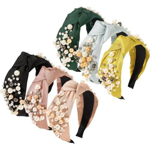 European And American New Style Ins Pearl Headband Knotted Wide-brimmed Pu Leather Headband Fashion Fold Headwear