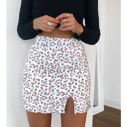 Sexy vintage Floral A skirt One side split asymmetric floral skirt for womens summer versatile high waist slim A-line skirt