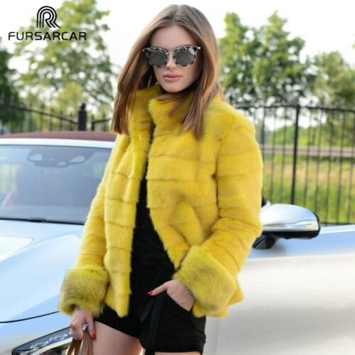 FURSARCAR Real Yellow Mink Fur Coat Women Overwear Winter High Street Vison Genuine Natural Mink Fur Female Coat With Collar