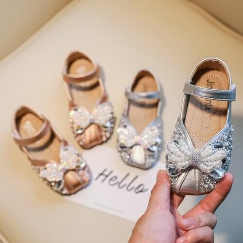 Spring Summer Fashion Artificial Leather Girls Shoes Cute Pearl Bow Princess Baby Flat Size 21-36 Little Kids Child Dress Shoes