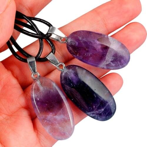 TUMBEELLUWA 1Lot (5Pc) Oval Purple Crystal Pendant Necklace,Amulet Reiki Healing Crystal,Adjustable Leather Cord for Unisex