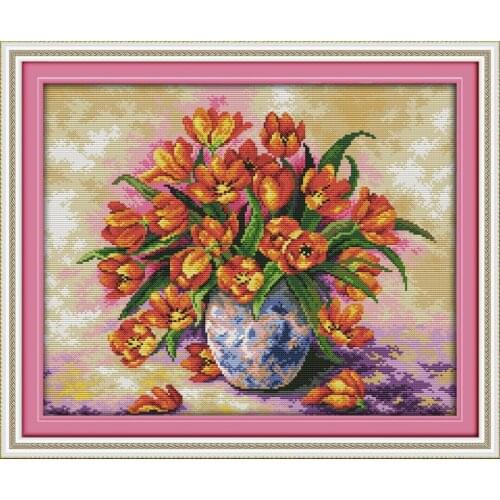 Bright colorful tulips cross stitch kit flower 18ct 14ct 11ct count printed canvas stitching embroidery DIY handmade needlework