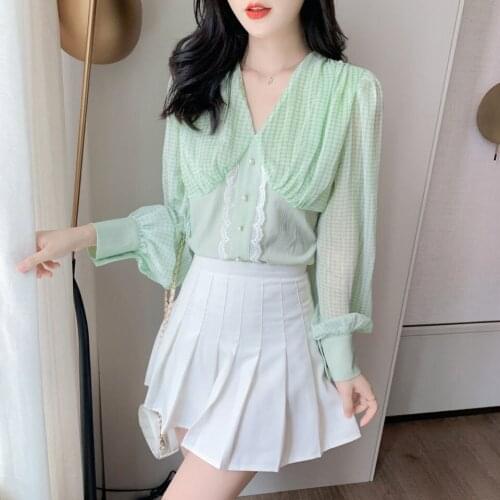 Women Chiffon Elegant Shirts Korean Style Solide Color Autumn Long Sleeve Blouses Fashion V-Neck Blusas MM1148