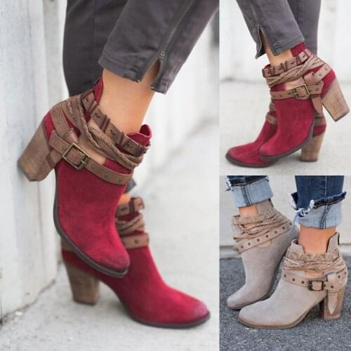 Plus Size 35-43 Vintage Women Ankle Boots American Style High Heels Female Shorts Boots Buckle Ankle Boots