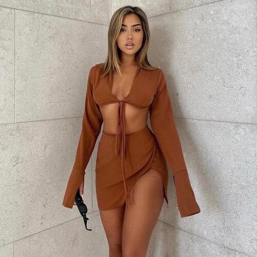 2021 Women Spring Summer Solid Coffee New Bodycon Long Sleeve Top Suit Street Sexy Party Slim Mini Skirt 2 Piece Set