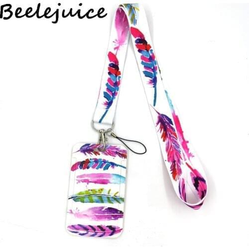 12sets Colorful Feathers Lanyard Credit Card ID Holder Bag Student Women Travel Card Cover Badge Car Keychain Gifts Accessories