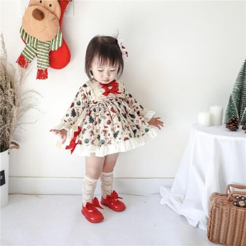 2020Winter Spanish Court Style Girls Plus Velvet Cotton Long-Sleeved Christmas Dress Princess Bubble Dress Flower Girl Dresses