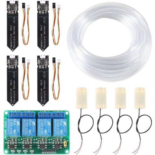 4pcs Capacitive Soil Moisture Sensor 4Channel 5V Relay Module and 4pcs Water Pump + 4M Vinyl Tubing for Moisture Detecti