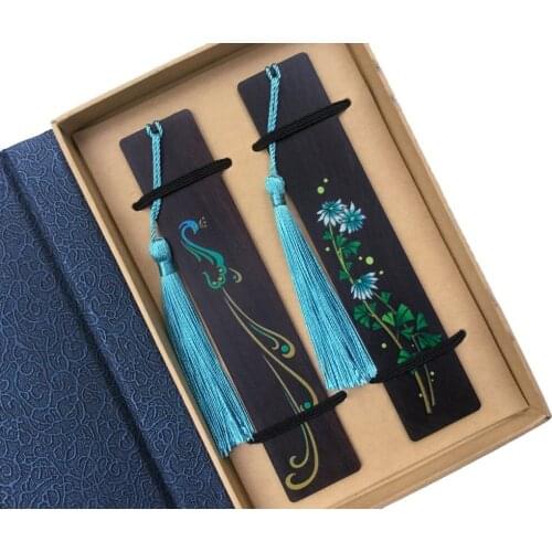 Handmade Natural Color Wooden Bookmark with Tassel - Peacocks and Orchids