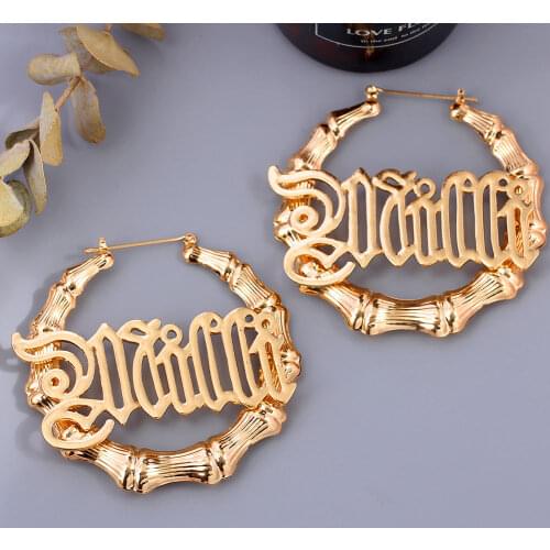 Flatfoosie Punk Round Circle Bamboo Hoop Earrings Women Hollow Letter Babygirl Queen Gold Silver Color Earring Statement Jewelry
