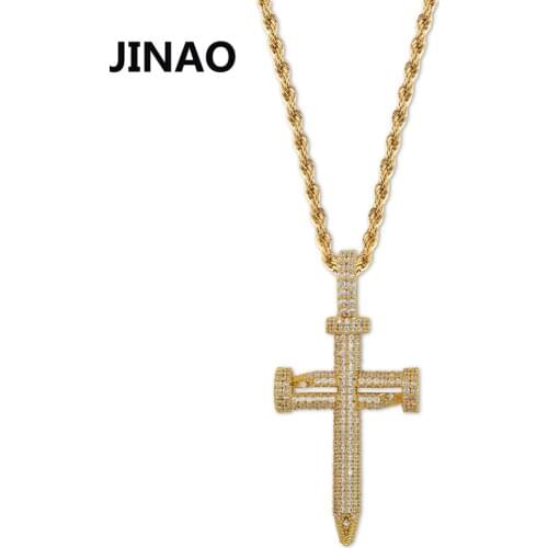 New Hip Hop Fashion Cross Nail Pendant Necklace Hip Hop Jewelry Gold Cubic Zircon Copper Chain Rock Style Gift