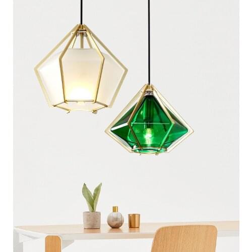 Art Modern Led Pendant Lamps Glass Green Lampshade E27 Creative Gold Bar Diamond Lighting Nordic Bedroom Bedside Design Lamps