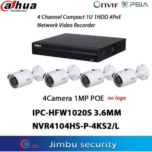 Dahua cctv camera security system kit 4PCS HFW1020S 3.6mm no logo POE IP67 & NVR 4CH NVR4104HS-P-4KS2/L 4K Video Surveillance